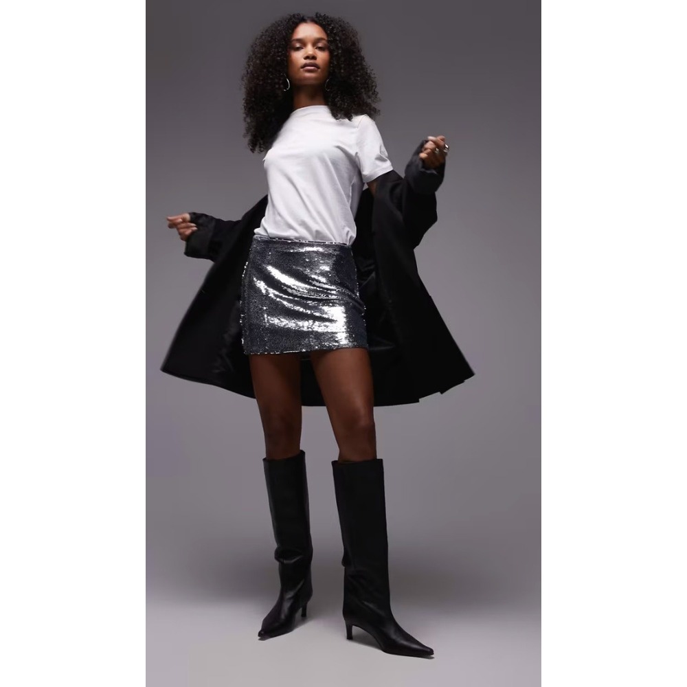 Mango Silver Sequin Mini Skirt NWT Womens Size S Party Holiday Shiny MNG